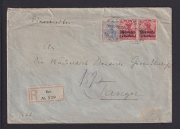 1906 - 2x 10 C. Überdruck-Marke Und 20 Pf. Germania (Einschreib-Gebühr) Auf Einschreibbrief Ab FEZ Nach Tanger - Maroc (bureaux)