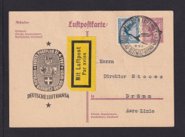 1927 - 15 Pf. Ganzsache "Deutsche Lufthansa" Mit Zufrankatur Per Luftpost Ab Breslau Nach Brünn - Covers & Documents