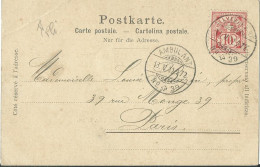 SUISSE CARTE 10c AMBULANT N° 39 POUR PARIS DE 1902 LETTRE COVER - Storia Postale