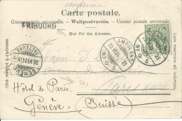 SUISSE  CARTE 5c  MARQUE LINEAIRE FRIBOURG  + AMBULANT N° 5 POUR PARIS REDIRIGEE GENEVE  DE 1904 LETTRE COVER - Lettres & Documents