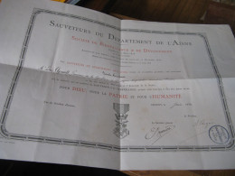 RARE BEAU DIPLOME "SAUVETEURS DU DEPARTEMENT DE L'AISNE" 1880 Signé BRETAGNE - Diplome Und Schulzeugnisse