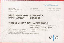 ITALIA - FAENZA - Museo Internazionale Delle Ceramiche (MIC) - Museo Della Ceramica - Biglietto D'Ingresso - Usato - Tickets - Vouchers