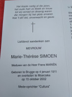 Doodsprentje Marie Thérèse Simoen / Brugge 4/1/1911 Moerzeke 15/10/2002 ( Frans Mariën ) - Religión & Esoterismo