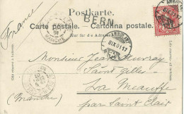 SUISSE  CARTE 10c  MARQUE LINEAIRE BERN + AMBULANT N° 5 POUR ST CLAIR ( MANCHE ) DE 1901 LETTRE COVER - Brieven En Documenten