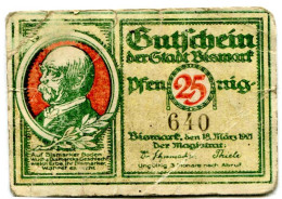 25 PFENNIG 1920 Stadt BISMARK Saxony DEUTSCHLAND Notgeld Papiergeld Banknote #PL711 - [11] Emisiones Locales