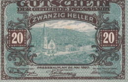 20 HELLER 1921 Stadt PRESSBAUM Niedrigeren Österreich Notgeld Papiergeld Banknote #PG989 - [11] Emissioni Locali