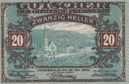 20 HELLER 1921 Stadt PRESSBAUM Niedrigeren Österreich Notgeld Banknote #PE368 - [11] Emissioni Locali