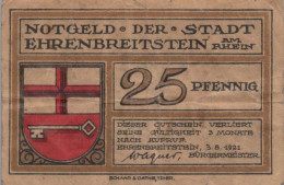 25 PFENNIG 1921 Stadt EHRENBREITSTEIN Rhine DEUTSCHLAND Notgeld Banknote #PG459 - [11] Emissioni Locali