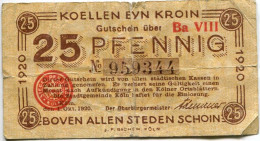 25 PFENNIG 1920 Stadt COLOGNE Rhine DEUTSCHLAND Notgeld Papiergeld Banknote #PL836 - Lokale Ausgaben