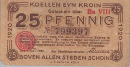 25 PFENNIG 1920 Stadt COLOGNE Rhine DEUTSCHLAND Notgeld Banknote #PG495 - Lokale Ausgaben