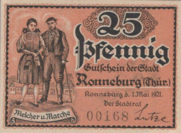 25 PFENNIG 1921 Stadt RONNEBURG Thuringia UNC DEUTSCHLAND Notgeld #PC333 - Lokale Ausgaben