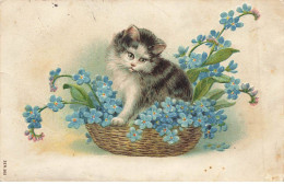 CHATS AD#MK221 CHAT DANS UN PANIER REMPLIS DE FLEURS MYOSOTIS BLEU - Gatti