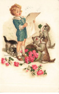 CHATS AD#MK190 FILLETTE CHATS FLEURS TREFLE PITTIUS PAR ILLUSTRATEUR - Gatti