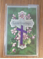 FANTAISIES AG#MK527 EASTER GRETTINGS CARTE BRODEE TISSUS FLEURS CROIX - Ricamate