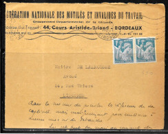 K90 - IRIS SUR LETTRE DE BORDEAUX DU 13/08/45 - ENTETE FEDERATION NATIONALE DES MUTILES ET INVALIDES DU TRAVAIL - 1921-1960: Periodo Moderno