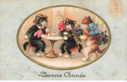 CHATS AI#DC977 CARTE BONNE ANNEE CHATS AUTOUR D UNE TABLE AVEC DES FLEURS - Katten