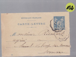Entier Postaux  Postal    Type Sage 15 C    Sur Carte -lettre   Destination Saint Valery Sur Somme 1899 - 1877-1920: Semi Modern Period