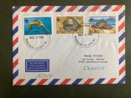 LETTRE Par Avion Pour La FRANCE TP TORTUE 10c + 50c + 40c OBL. MAR 4 1996 BASSETERRE - St.Kitts Und Nevis ( 1983-...)