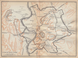 Roma, Le Antiche Mura, Carta Geografica Epoca, Vintage Map - Carte Geographique