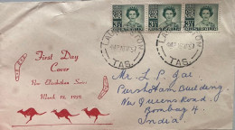 Australia 1959  Private Fdc Elizabethan Series 3 1/2d 3 Stamps Affixed FDC. Sent To L.P. Jai Cricketer India - Lettres & Documents