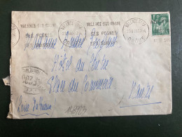 LETTRE TP IRIS 1F OBL.MEC.23 II 40 VALENCE GARE DROME (26) + CENSURE - Guerra De 1939-45