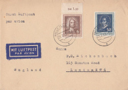 DDR Brief Luftpost Mif Minr.308 OR, 310 Halle/S. 21.2.53 Gel. Nach England - Lettres & Documents