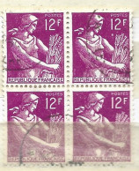 FRANCE N° 1116 12F VIOLET TYPE MOISSONNEUSE  BLOC DE 4 OBL - Gebruikt