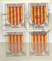 FRANCE N°1046 80C MARON JAUNE ET ROUGE BLASON DU ROUSSILLON  BLOC DE 4 OBL - Usados