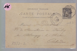 Entier Postaux  Postal    Type Sage 10 C    Sur Carte -postale  1898  Destination Calvados - 1877-1920: Periodo Semi Moderno