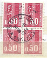 FRANCE N°1664 0.50 CARMIN ROSE TYPE BECQUET 3 BANDES DE PHOSPHORE BLOC DE 4 OBL - Used Stamps