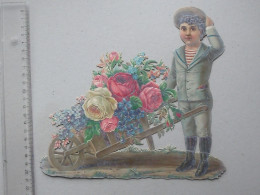 CHROMO DECOUPIS Gaufré Grand Format: ENFANTS Avec BROUETTE De FLEURS - Tenue De Marin Rose - Infantes