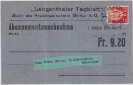 Zum. 108 / MiNr. 102x Auf Abonnements NN-Karte - LANGENTHALER TAGBLATT Von LANGENTHAL Nach Winterthur - Brieven En Documenten