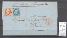 France - Lettre Le Havre Pour Lima - Pérou - Voie Française - 1855 - Yvert 14 + 16 - 1849-1876: Klassik