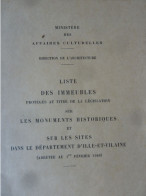 Liste Des Immeubles De L'Ille-et-Vilaine Protégés Par Les Monuments Historiques, 1968, - Bretagne