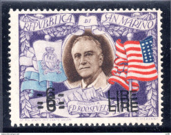 Roosevelt Lire 6 Su 5 N. 309d Tripla Soprastampa - Ungebraucht