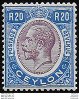 1927 Ceylon Giorgio V 20r Dull Purple And Blue MNH SG N. 367 - Andere & Zonder Classificatie