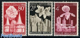 Belgium 1955 Flower Expo 3v, Mint NH, Nature - Religion - Flowers & Plants - Orchids - Churches, Temples, Mosques, Syn.. - Neufs