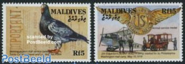 Maldives 1993 J.P. Blanchard Airmail 2v, Mint NH, Nature - Transport - Birds - Post - Automobiles - Aircraft & Aviatio.. - Post