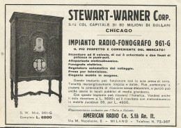 Impianto Radio Fonografo 961 G STEWART WARNER - Pubblicità 1930 - Advertis - Advertising