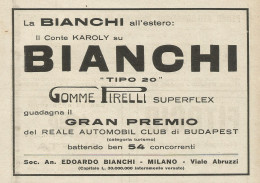 BIANCHI Tipo 20 - Gran Premio Di Budapest - Pubblicità 1927 - Advertising - Pubblicitari