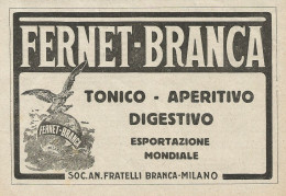 Aperitivo Digestivo FERNET BRANCA - Pubblicità 1929 - Advertising - Pubblicitari