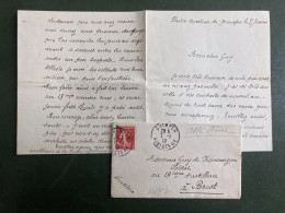 LETTRE TP SEMEUSE 10c OBL.7-1 10 QUIMPER FINISTERE (29) Pour Guy DE KERSAUZON Au 18ème D'Artillerie BREST - 1877-1920: Periodo Semi Moderno