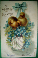 Cpa PÂQUES . SAC FLEURS MYOSOTIS Et POUSSINS . 1906 . CHICKS IN A BAG  FLOWERS FORGET ME NOT RIBBON EARLY PC - Pâques