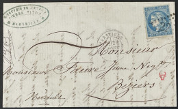 Lettre 46B LGC 2240 Marseille Bouches-du-Rhone (12 Minoterie De L'étoile Pierre Victor) à Béziers 24.08.1871 9bleu - 1849-1876: Periodo Classico