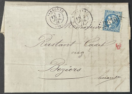 Lettre 46B LGC 2610 Narbonne Aude (10 M. Claret-Llobet Gros Fers Quincaillerie) Indice 1 à Béziers 02.07.1871 9bleu - 1849-1876: Klassieke Periode