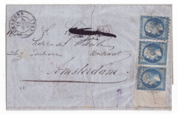 FRANCE 1853-1860 20 C Bleu YT N°14 Strip Of Three Stamps On The Cover To Amsterdam - 1853-1860 Napoléon III.