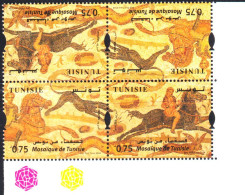 2024-Tunisie- Mosaïque -Scène De Chasse -Cavaliers -Chien -Lapin- Bloc 4V/ 2 Paires Se Tenant En Tête Bêche /MNH***** - Tunisia (1956-...)