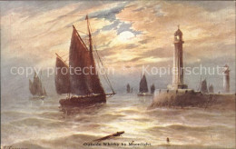 11732855 Whitby UK By Moonlight Lighthouse Boat Drawing Kuenstlerkarte  - Autres & Non Classés