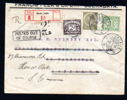NETHERLANDS INDIES -1915 - REGITERED COVER TO LONDON ,POSTED OUT OF COURSE , POSTAGE DUE ADDED AND REDIRECTED, - Niederländisch-Indien