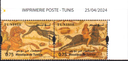 2024-Tunisie- Mosaïque -Scène De Chasse -Cavaliers -Chien -Lapin- Paire Coin Daté + Bloc Perforé  /MNH***** - Tunesië (1956-...)